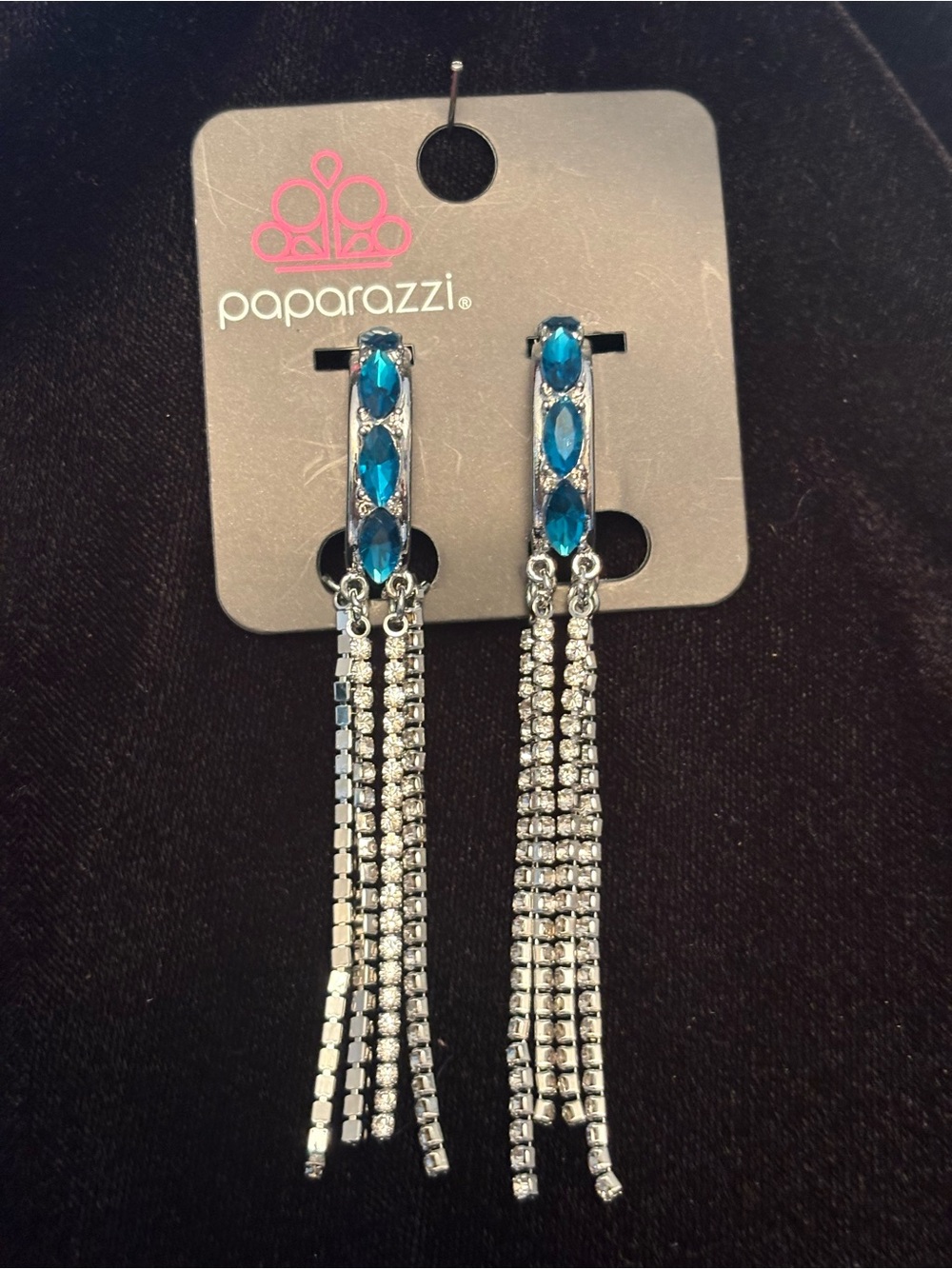 paparazzi Blue Crystal Linear Tassel Clip on Earrings - Women Jewelry